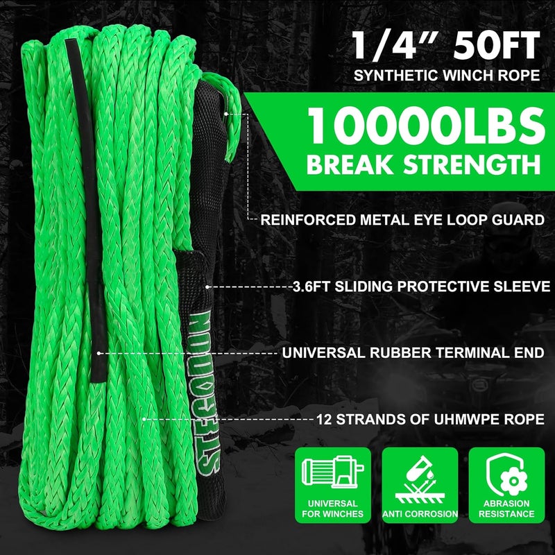 STEGODON Synthetic Winch Rope, 1/4'' x 50ft 10,000LBS Synthetic Winch Line 1/4 Winch Cable Replacement Synthetic Rope for 4WD Off Road Vehicle ATV UTV (Green) - Image 3